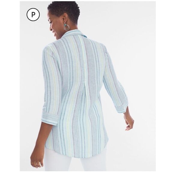 Chicos No Iron Striped 100% Linen Button Front Top Shirt Teal Blue White Size XL - Picture 2 of 10